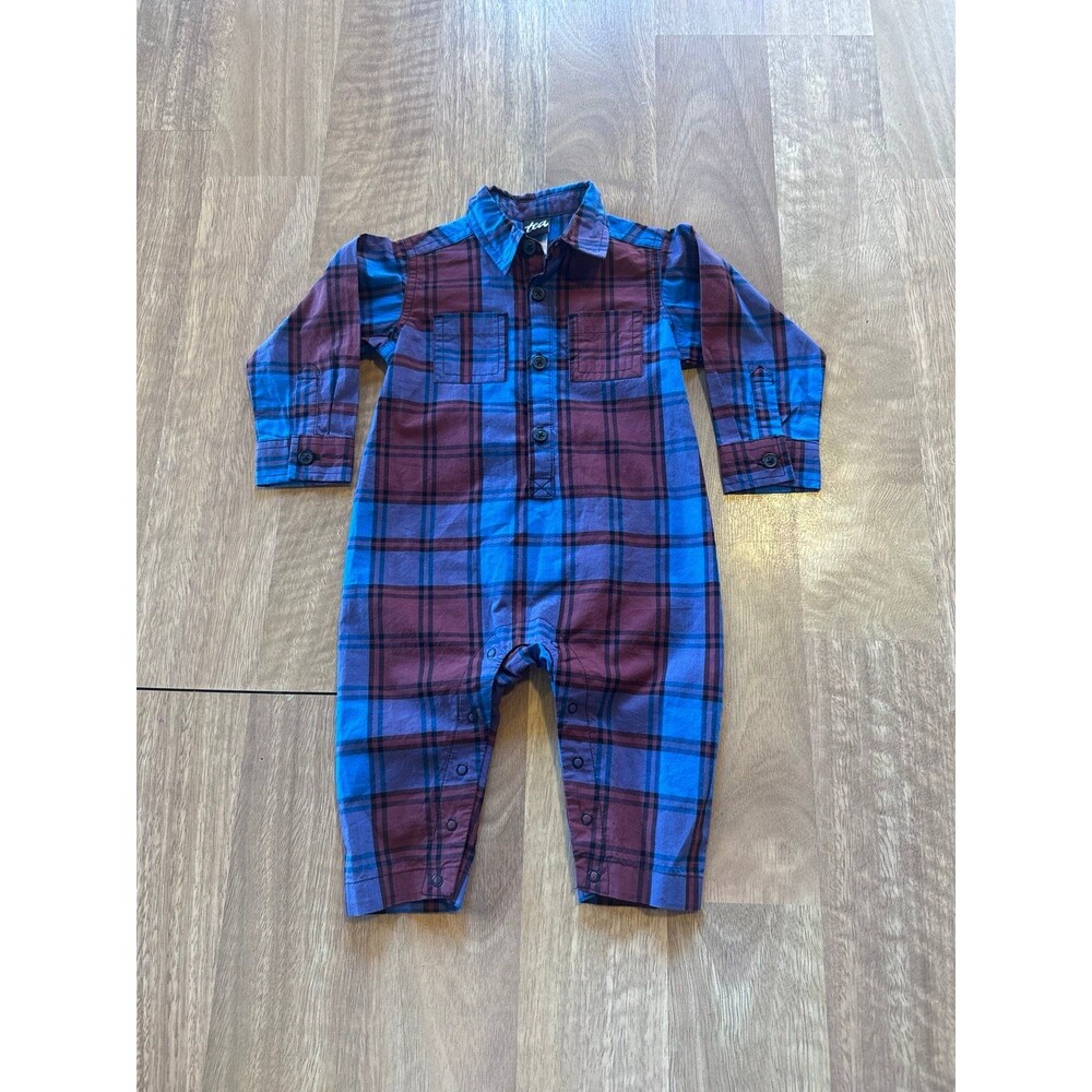 TEA COLLECTION baby boys plaid button up collared romper NWOT